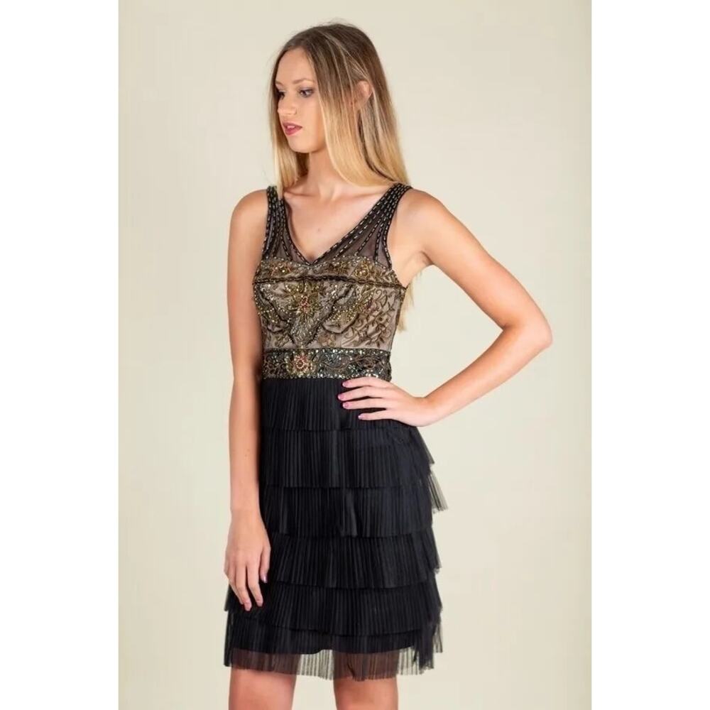 NWT Sue Wong Black Beaded Short Layered Dress Size 2